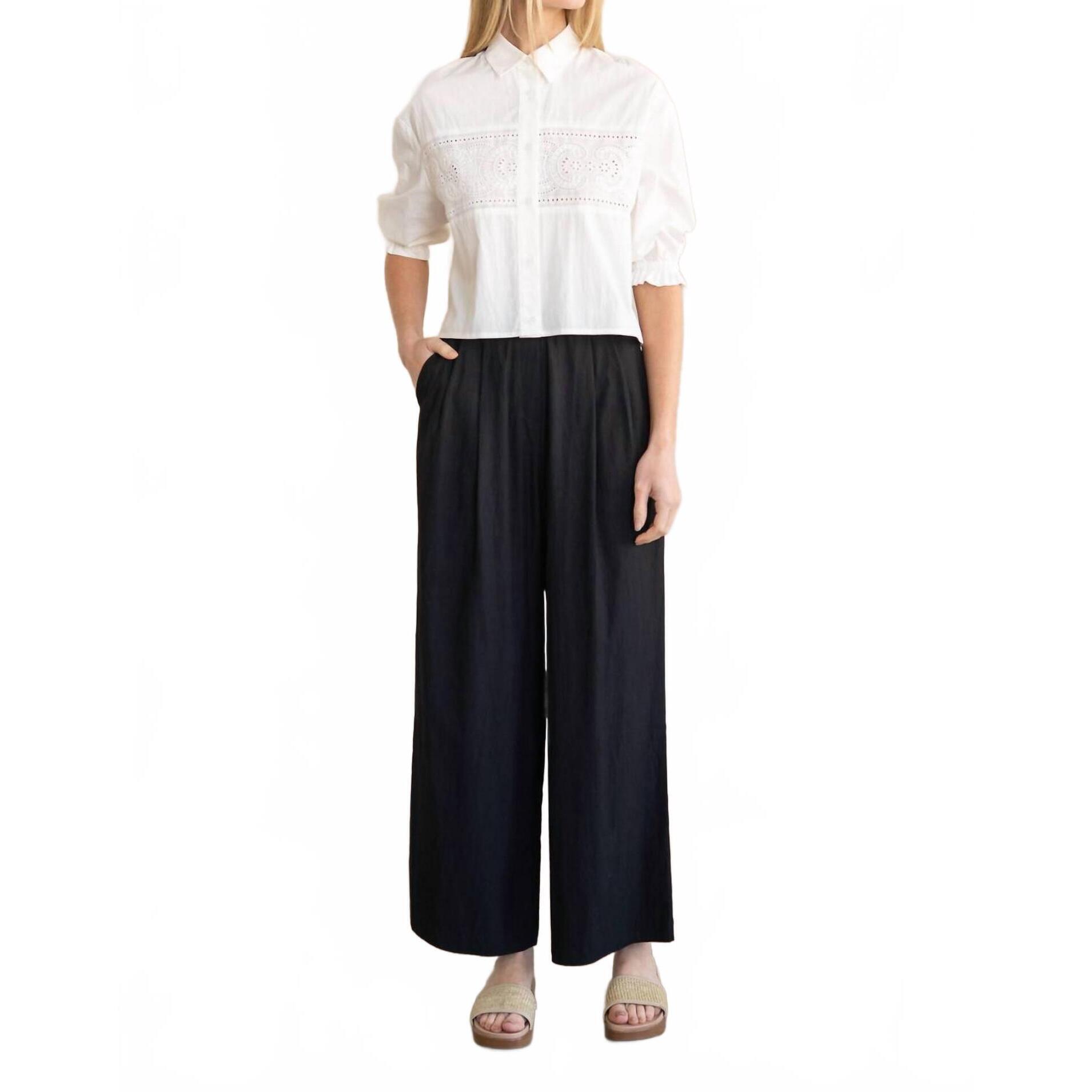 New Elle Grey Eyelet Lace Panel Button-Up Blouse In White